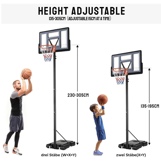 Basketball Hoop with Wheels Height Adjustable 305cm Fit Base Filled with Water and Sand For Kids and Adults Outdoor Indoor Use