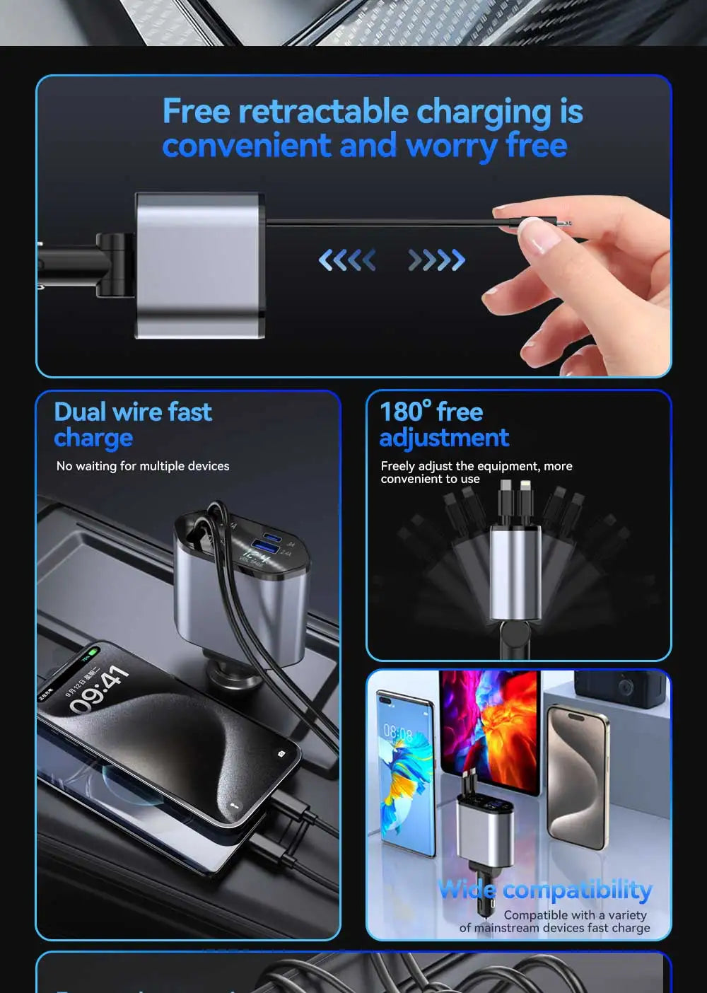 120W 4 in 1 Car Charger Retractable Car Cigarette Lighter Adapter