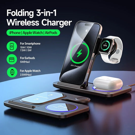 30W LED Fast Wireless Charger Stand 3 in 1 Foldable