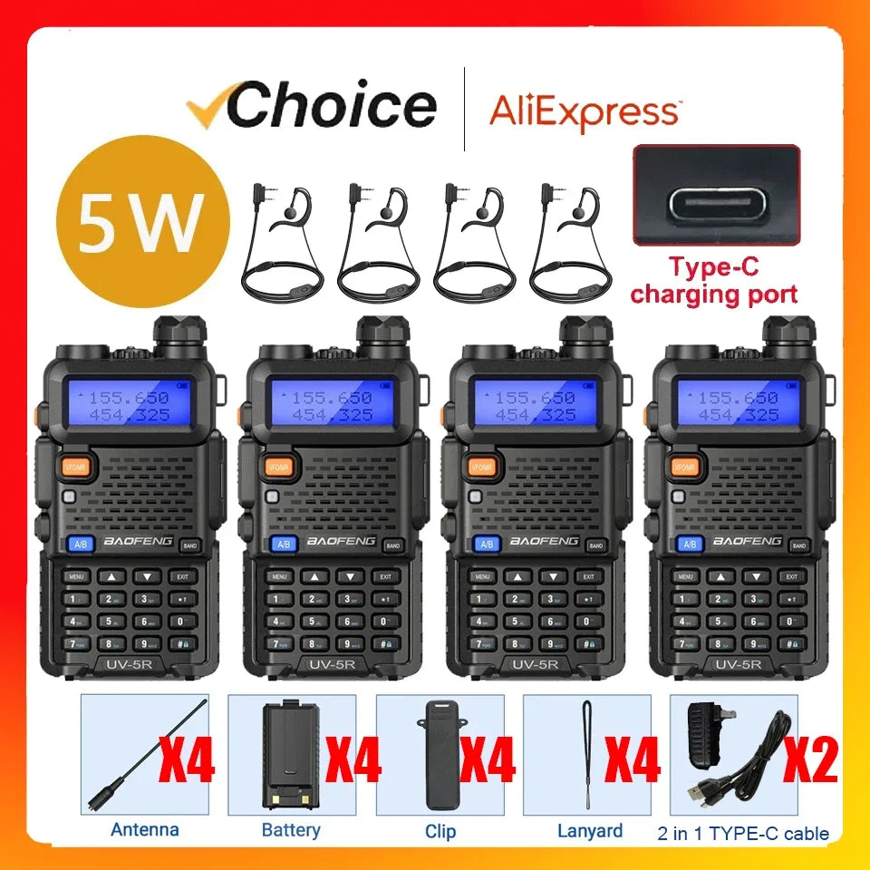 4Pcs Baofeng UV-5R 5W Tri-Power Walkie Talkie
