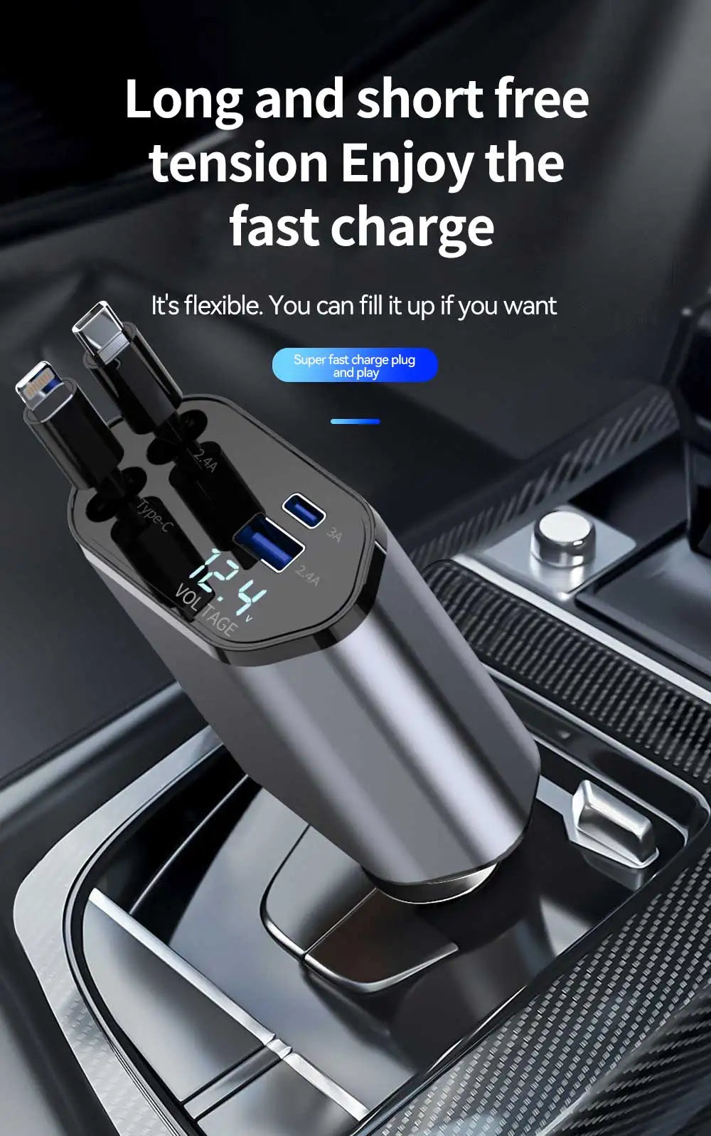 120W 4 in 1 Car Charger Retractable Car Cigarette Lighter Adapter