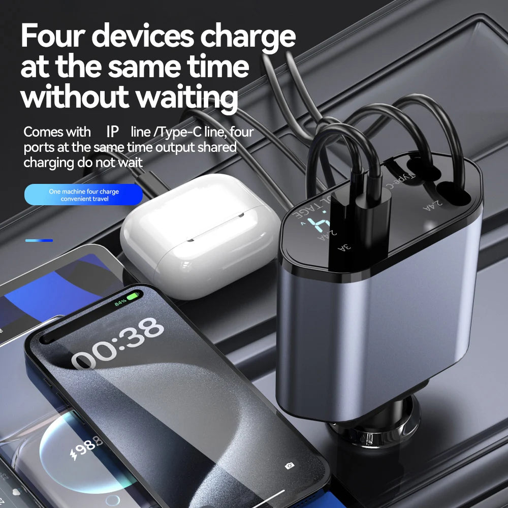 120W 4 in 1 Car Charger Retractable Car Cigarette Lighter Adapter
