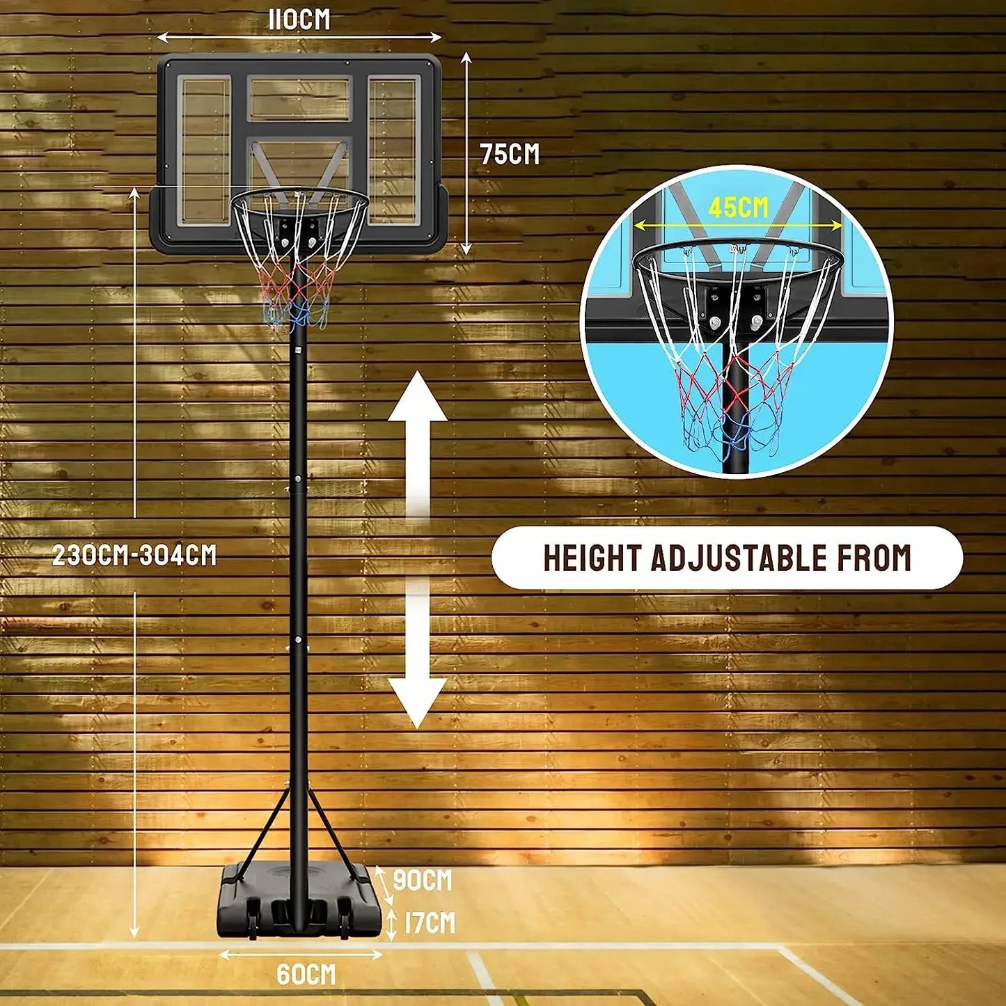 Basketball Hoop with Wheels Height Adjustable 305cm Fit Base Filled with Water and Sand For Kids and Adults Outdoor Indoor Use