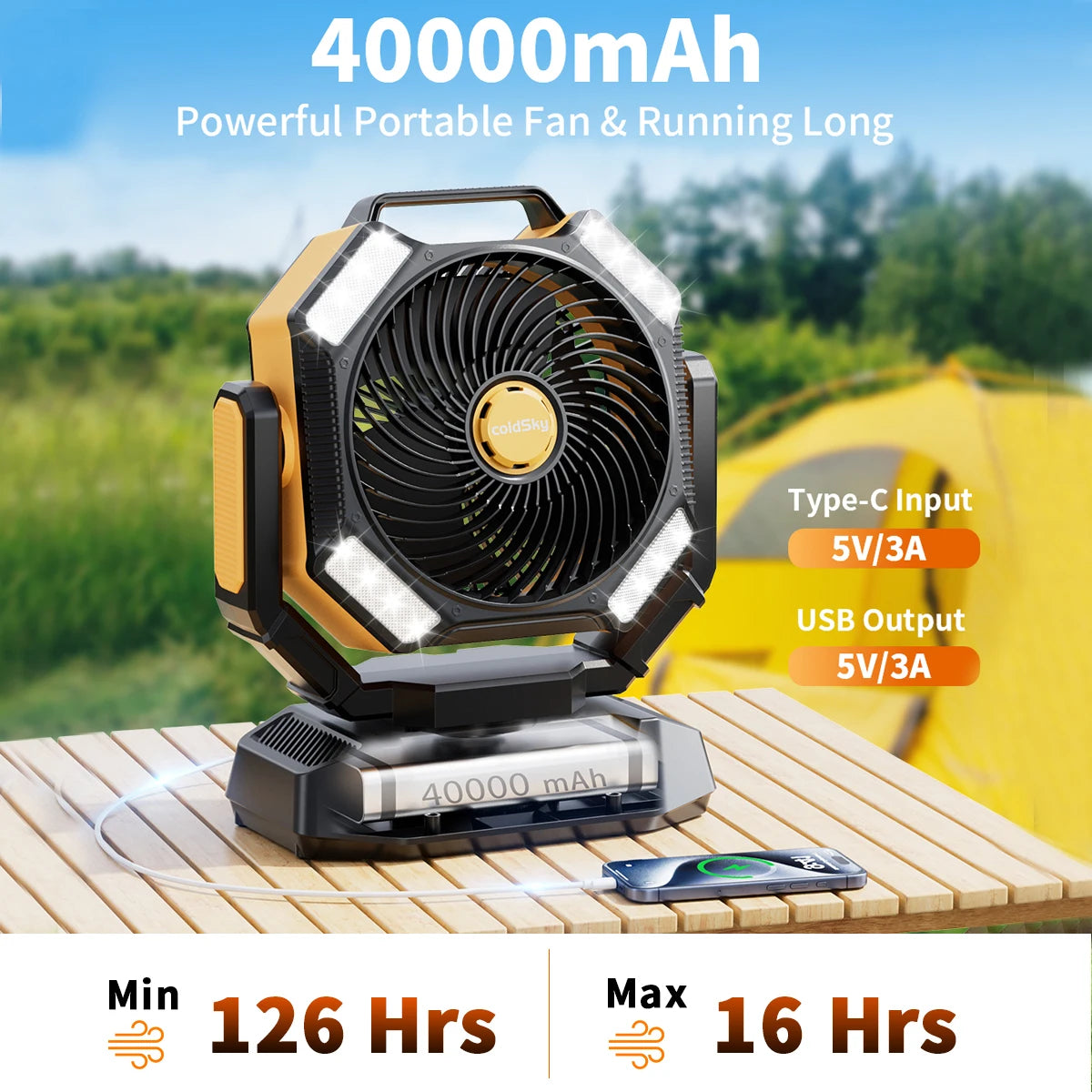 coldSky 40000mAh Camping Fan Battery Operated