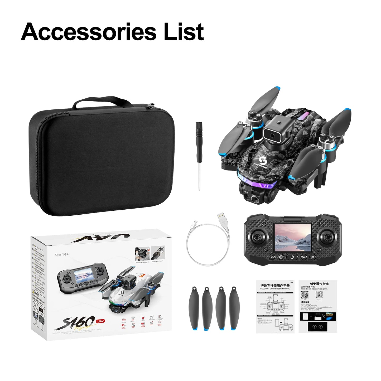 S160 Color LED Drone Professional 4K HD Quadcopter