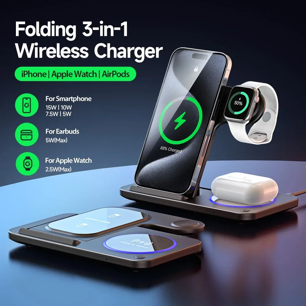 30W LED Fast Wireless Charger Stand 3 in 1 Foldable