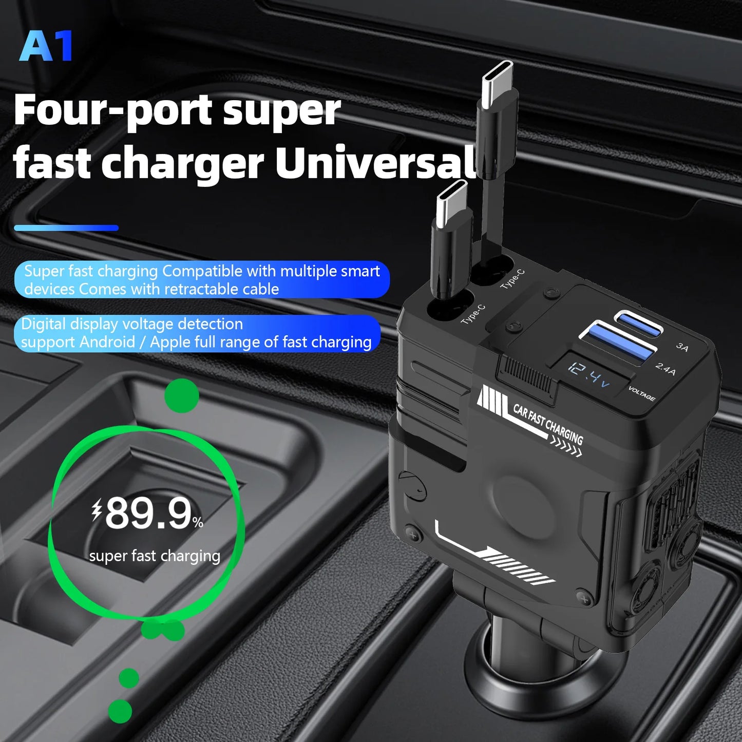 Retractable 4 in 1 Fast Charging Car Charging