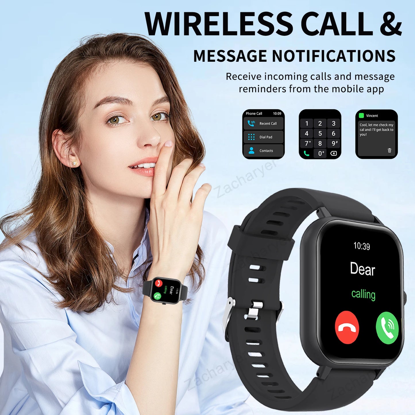 Wireless call information reminder silicone strap smart watch, unisex sports watch