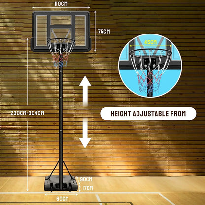 Basketball Hoop with Wheels Height Adjustable 305cm Fit Base Filled with Water and Sand For Kids and Adults Outdoor Indoor Use