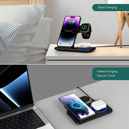 30W LED Fast Wireless Charger Stand 3 in 1 Foldable