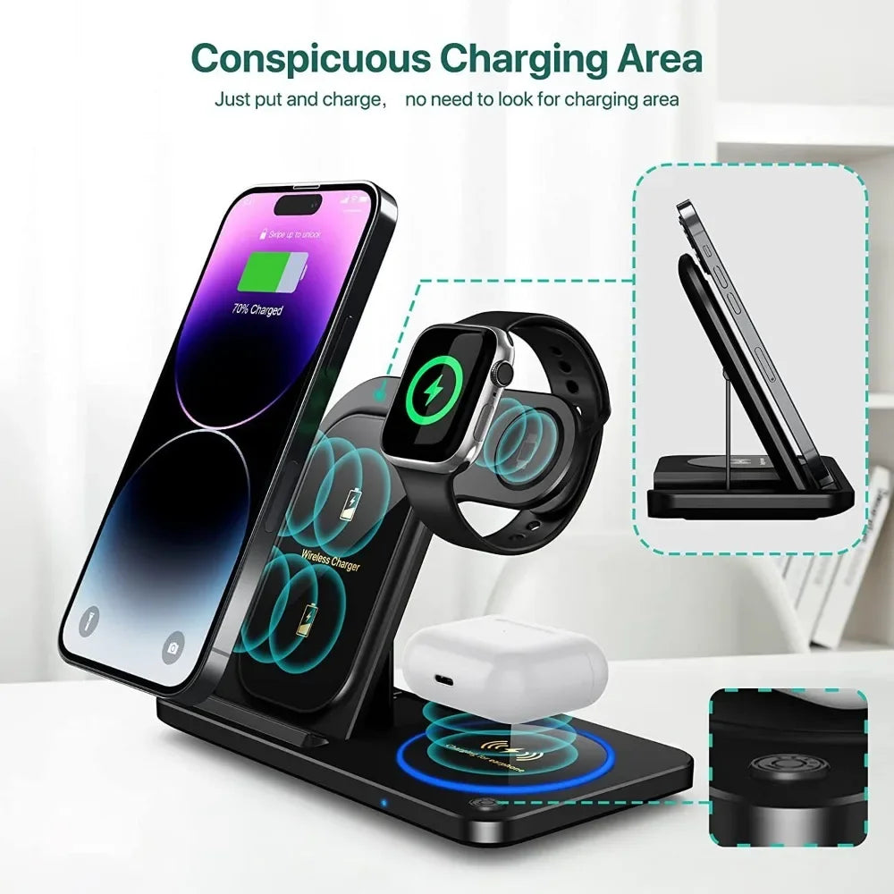 30W LED Fast Wireless Charger Stand 3 in 1 Foldable