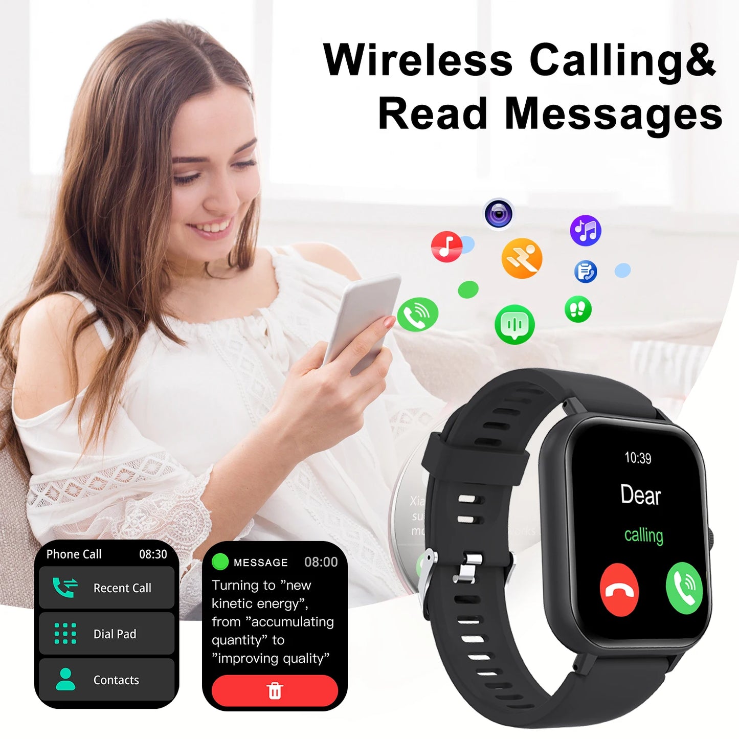 Wireless call information reminder silicone strap smart watch, unisex sports watch